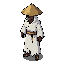 tibia style. male character wearing cone samurai hat tattered white robes similar to a lich. isometric 45-degree perspective. compact proportions (2:1 body-to-head). dark skin/demon kind face visible under hood. golden  details. bold dark outline
