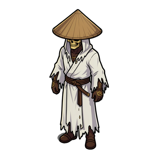  tibia style. male character wearing cone samurai hat tattered white robes similar to a lich. isometric 45-degree perspective. compact proportions (2:1 body-to-head). dark skin/skull-like face visible under hood. golden  details. bold dark outline