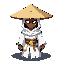  tibia style. male character wearing cone samurai hat tattered white robes similar to a lich. isometric 45-degree perspective. compact proportions (2:1 body-to-head). dark skin/demon kind face visible under hood. golden  details. bold dark outline