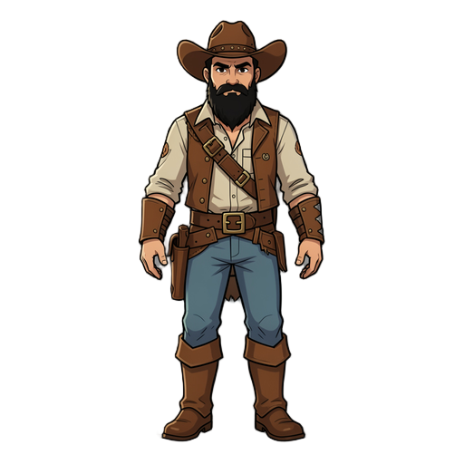 can you make me a tibia art of a npc  the version of the tibia is 7.4 style i want to be able to add this art to my otserver. the name of the npc is brizy make him dressed as cowboy, light brownskin, full black beard. follow the style of the picture