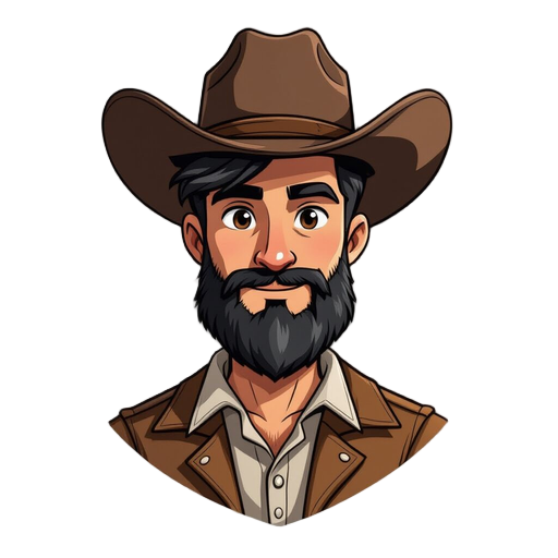 cowboy style tibia 7.4 charcter mmorpg 2d. cowboyoutfist including hat and boosts. light brown skin color and black full beard