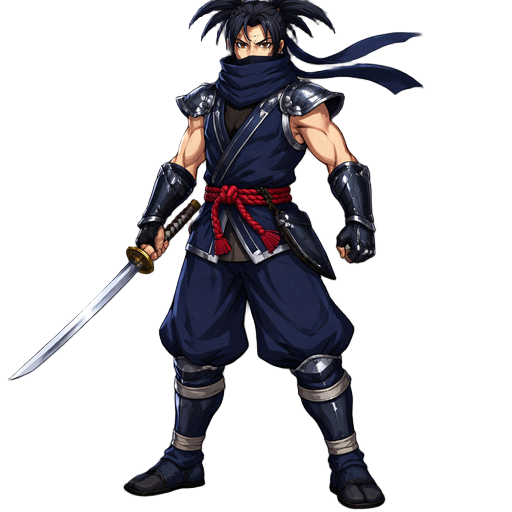 anime style ninja inspired by hanzo from samurai shodown. weilding a katana on right hand. full body. no extra swords.