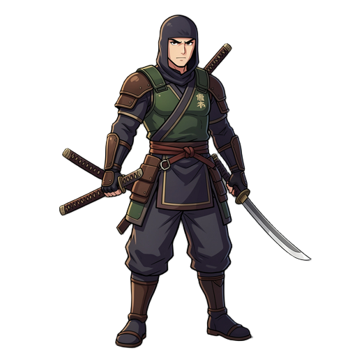 anime style ninja inspired by hanzo from samurai shodown. weilding a katana on right hand. full body