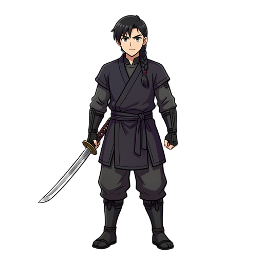 anime style ninja inspired by hanzo from samurai shodown. weilding a katana on right hand. full body. no extra swords.