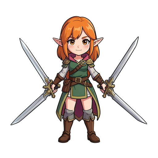 elf girl with orange hairs, with swords 