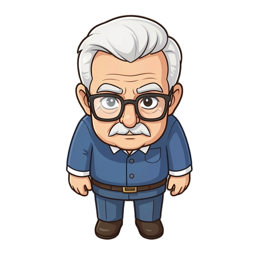 old senior salaryman wearing glasses and white hair. background is blue 