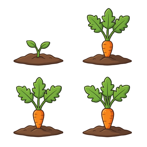 criar 4 estagio da planta de uma cenoura. estagio 1 um pequeno broto na terra, estagio 2 um brotinho, estagio 3 uma planta com a cenoura aparecendo verdes, estagio 4 uma planta com  cenoura laranja