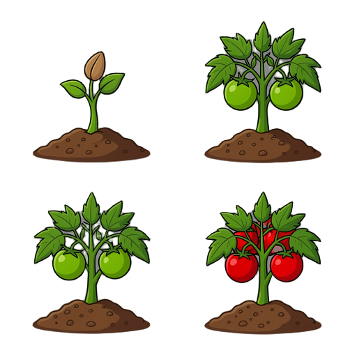 criar 4 estagio da planta de um tomate. estagio 1 uma semente na terra, estagio 2 um brotinho, estagio 3 uma planta com tomates verdes, estagio 4 uma planta com tomates vermelhos