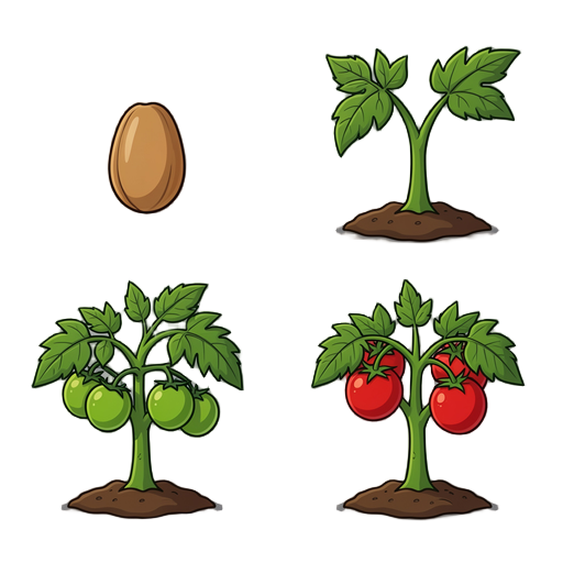 criar 4 estagio da planta de um tomate. estagio 1 uma semente, estagio 2 um brotinho, estagio 3 uma planta com tomates verdes, estagio 4 uma planta com tomates vermelhos