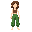 elf girl, green eyes, curly hair, baggy green pants, brown top.