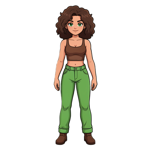 quero essa fotos no mesmo padrao, calça verde, um top marrom, cabelo cacheado, e olhos verdes