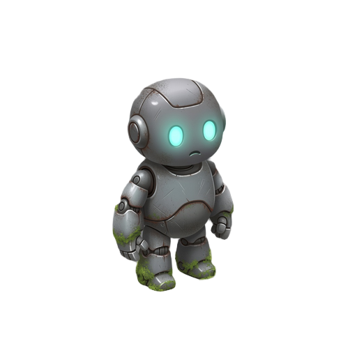isometric character sprite of a lonely small robot, post-apocalyptic world, dark atmosphere but soft emotional tone, rounded body design, slightly worn metal, subtle rust and scratches, soft glowing cyan eyes, gentle expression, compact body proportions, 