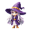 purple witch hat with golden band, long white hair, purple and white dress, golden belt, golden shoes