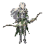 a fantasy video game character design of an elegant elf woman, tall and slender, long silver hair flowing in the wind, glowing emerald eyes, pointed ears, wearing intricate elven armor made of silver and green leaves, delicate glowing runes engraved on th