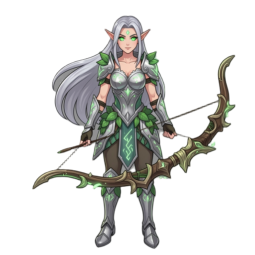 a fantasy video game character design of an elegant elf woman, tall and slender, long silver hair flowing in the wind, glowing emerald eyes, pointed ears, wearing intricate elven armor made of silver and green leaves, delicate glowing runes engraved on th