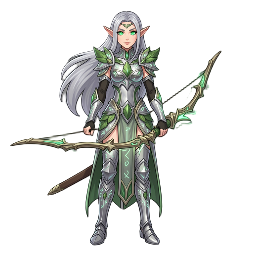 a fantasy video game character design of an elegant elf woman, tall and slender, long silver hair flowing in the wind, glowing emerald eyes, pointed ears, wearing intricate elven armor made of silver and green leaves, delicate glowing runes engraved on th