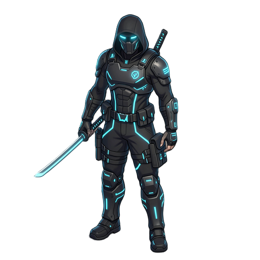 isometric view of a cyberpunk street samurai character, neon blue accents on black tech-wear, holding a katana, digital art style, volumetric lighting, clean edges, isolated on white background, unreal engine 5 render.