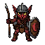 sprit de um goblin com elmo de aço e couro, armadura em couro, lança e escudo de aço e madeira com uma lua crescente vermelha  no centro