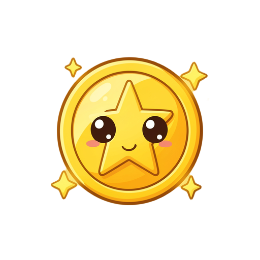 q版 cartoon coin, yellow glow, star effect, transparent background, 256x256px