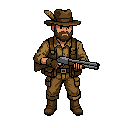 "a rugged bearded hunter wearing a brown hat with a feather, earthy hunting clothes, and boots, holding a double-barreled shotgun, ready to hunt ducks in the wilderness."