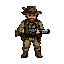 "a rugged bearded hunter wearing a brown hat with a feather, earthy hunting clothes, and boots, holding a double-barreled shotgun, ready to hunt ducks in the wilderness."