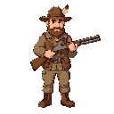 "a rugged bearded hunter wearing a brown hat with a feather, earthy hunting clothes, and boots, holding a double-barreled shotgun, ready to hunt ducks in the wilderness."