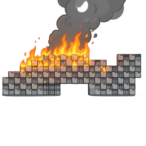 keep the origin reference image and make the building on fire and just a few smoke, dimention: 2d side view