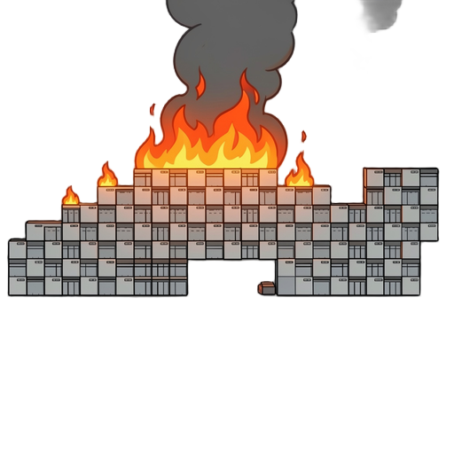 keep the origin reference image and make the building on fire but no smoke, dimention: 2d side view