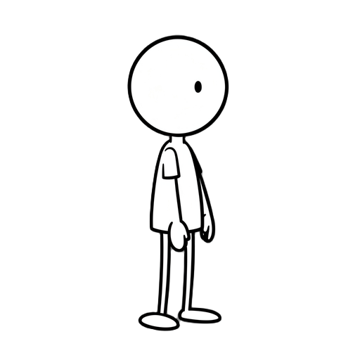 stickman character, side view, idle stance, simple lines, black and white, clean outline, game sprite, no background