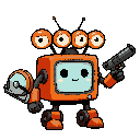 fun robot robber comics style teenager, bright colors, wheel leg, left arm circular saw, right arm gun, quad head with anhten, body is tv