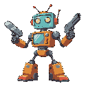 fun robot robber comics style teenager, bright colors, wheel leg, left arm circular saw, right arm gun, quad head with anhten, body is tv