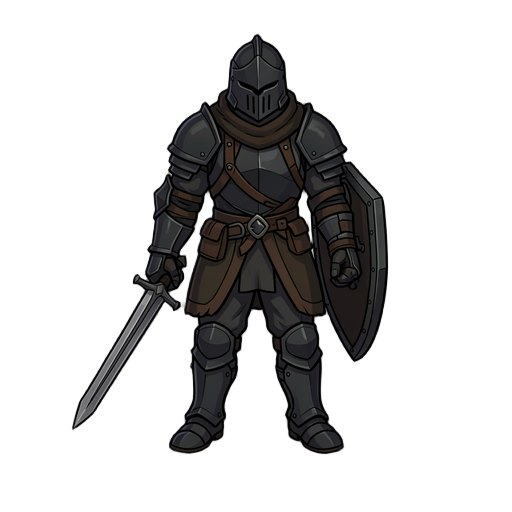 dark fantasy armored knight sprite side view character idle stance right hand holding sword relaxed downward left hand holding shield resting beside the body shield vertical and perpendicular to the ground shield not raised, not blocking arm relaxed in id