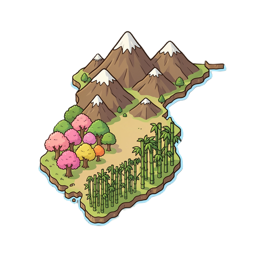 make me a map with a costline on the east ,with mountains north and to have japanese cheery forests and bamboo forests on the south