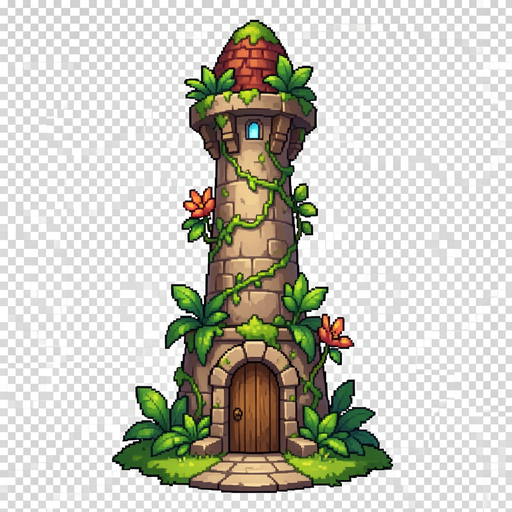 a fantasy pixel very tall magic tower, with plants growing around it and a 96x64 door in the entrance. transparent background with nothing other than the tower asset. the tower should be entirely inside the image, not being cut in the borders