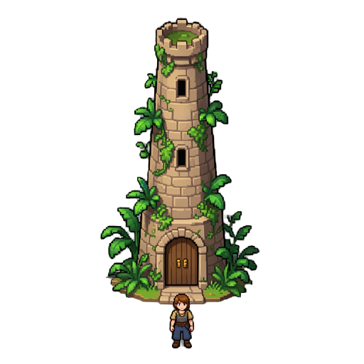 a fantasy pixel very tall magic tower, with plants growing around it and a 96x64 door in the entrance. transparent background with nothing other than the tower asset. the tower should be entirely inside the image, not being cut in the borders