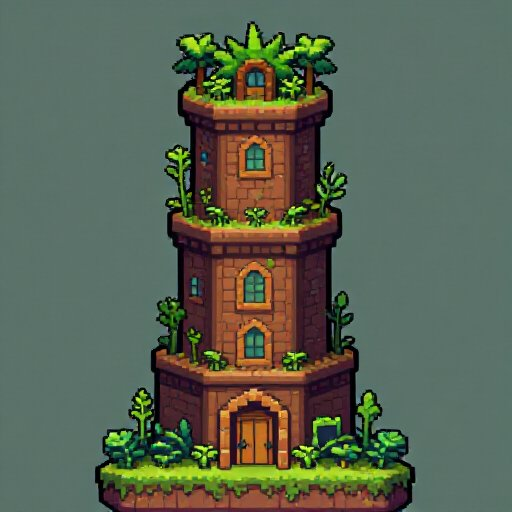 a fantasy pixel top-down very tall magic tower, with plants growing around it and a 96x64 pixel door in the entrance. no background and nothing other than the tower asset. the tower should be entirely inside the image, not being cut in the borders