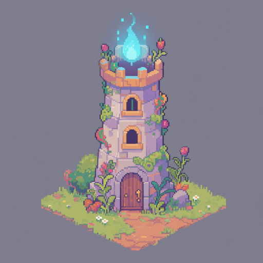 a fantasy pixel top-down very tall magic tower, with plants growing around it and a 96x64 pixel door in the entrance. no background and nothing other than the tower asset. the tower should be entirely inside the image, not being cut in the borders