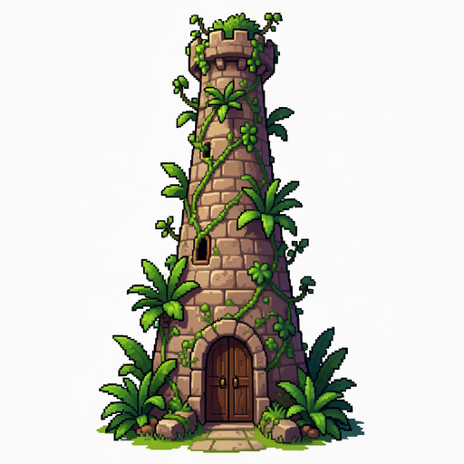 a fantasy pixel very tall magic tower, with plants growing around it and a 96x64 pixel door in the entrance. no background and nothing other than the tower asset. the tower should be entirely inside the image, not being cut in the borders