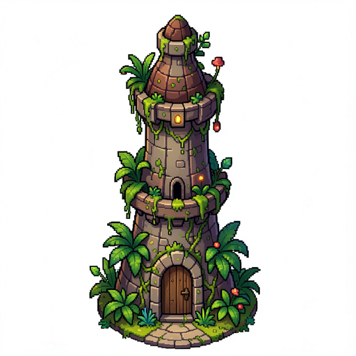 a fantasy pixel top-down very tall magic tower, with plants growing around it and a 96x64 pixel door in the entrance. no background and nothing other than the tower asset. the tower should be entirely inside the image, not being cut in the borders