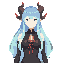 ganyu from genshin impact, anime style portrait, elegant slim female character, long gradient blue hair fading to light cyan, curved goat horns with dark brown base and red tips, violet eyes, calm gentle expression, black bodysuit with high collar, golden