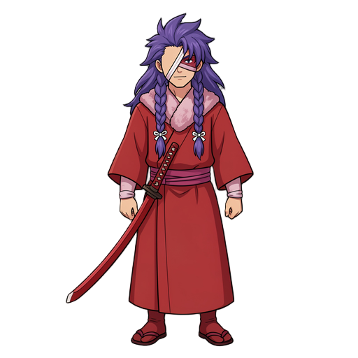 crie um personagem samurai de cabelos espetados longos roxos, duas tranças caindo no peito amarradas com straps brancos uma de cada lado.uma strap no rosto cobrindo o olho direito.homem adulto30anos aproximadamente, roupa kimono vermelho com manto aveluda