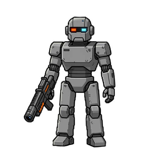 gray robot with a weapon pixel