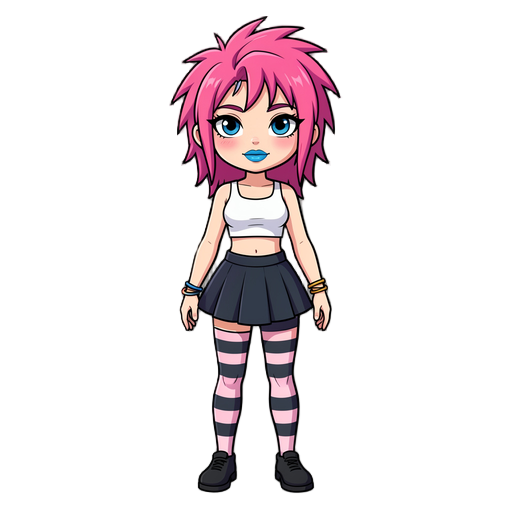 a cartoon punk girl with pink hair, blue lips, white crop top, dark skirt, and striped tights