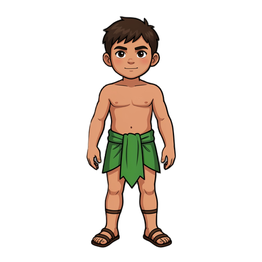 a mexica warrior boy wearing a green loincloth, without head accessories, and with sandals