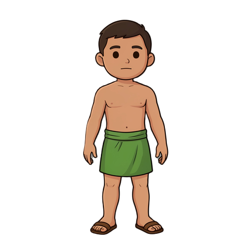 young mexica warrior wearing a green loincloth, with no head accessories, sandals, simple eyes and a simple body, without much detail or a beard