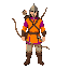 slavic archer warrior with pointed shishak helmet, wooden bow in hand, leather quiver with arrows on back with brown strap, small dagger on belt, bright orange tunic with magenta, light brown pants, dark leather boots