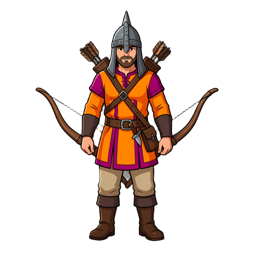slavic archer warrior with pointed shishak helmet, wooden bow in hand, leather quiver with arrows on back with brown strap, small dagger on belt, bright orange tunic with magenta, light brown pants, dark leather boots