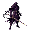 void-corrupted high elf foot soldier, elegant melee fighter, slender silhouette, cracked and twisted elven magitech armor, fractured longsword, pure white pupil-less eyes, pale gold accent streaks across armor and cloth, deep violet and black-purple palet