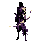 void-corrupted elven archer, sleek slender ranger silhouette, elegant armor and layered cloth, magitech bow, pale gold accent streaks along the bow, arms, and fabric, pure white eyes, deep violet and black-purple tones, corrupted high-elf grace, stoic and