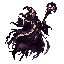 void-corrupted elven mage, flowing robes frayed and void-touched, slight hovering posture, pure white eyes, elegant high-elf features distorted by corruption, magitech staff, pale gold accent streaks woven through robes and staff, deep violet and black-pu
